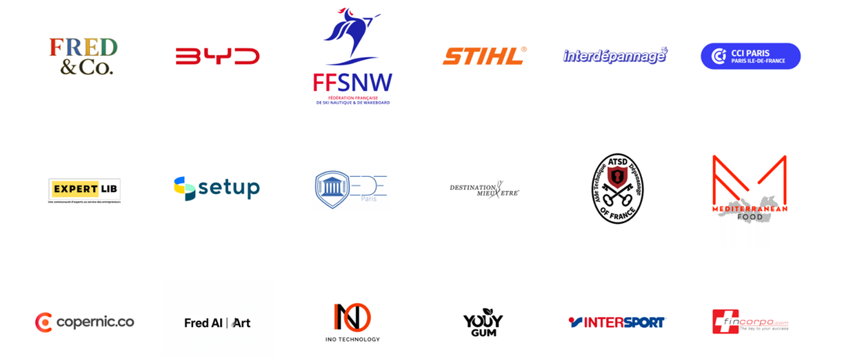 Logos des marques, institutions et entreprises accompagnées par Soorce : FRED & Co., BYD, FFSNW, STIHL, Interdépannage, CCI Paris Île-de-France, Expert Lib, Setup, EDE Paris, Destination Mieux Être, ATSD, Mediterranean Food, Copernic, Fred AI Art, INO Technology, Youy Gum, Intersport et Fincorpo.